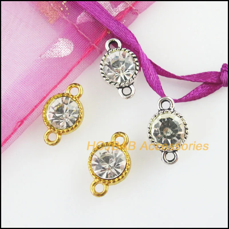 Fashion 12Pcs Retro Gold Color Tibetan Silver Plated Round Clear Crystal Charms Connectors 10x16mm