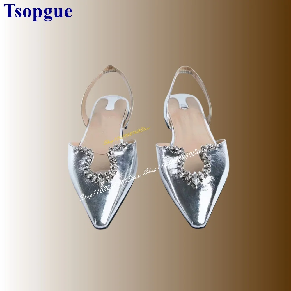 

Slingback Silver Crystal Decor Covered Toe Sandals Flat With Women Shoes Back Strap Pointed Toe 2024 Fashion Zapatos Para Mujere