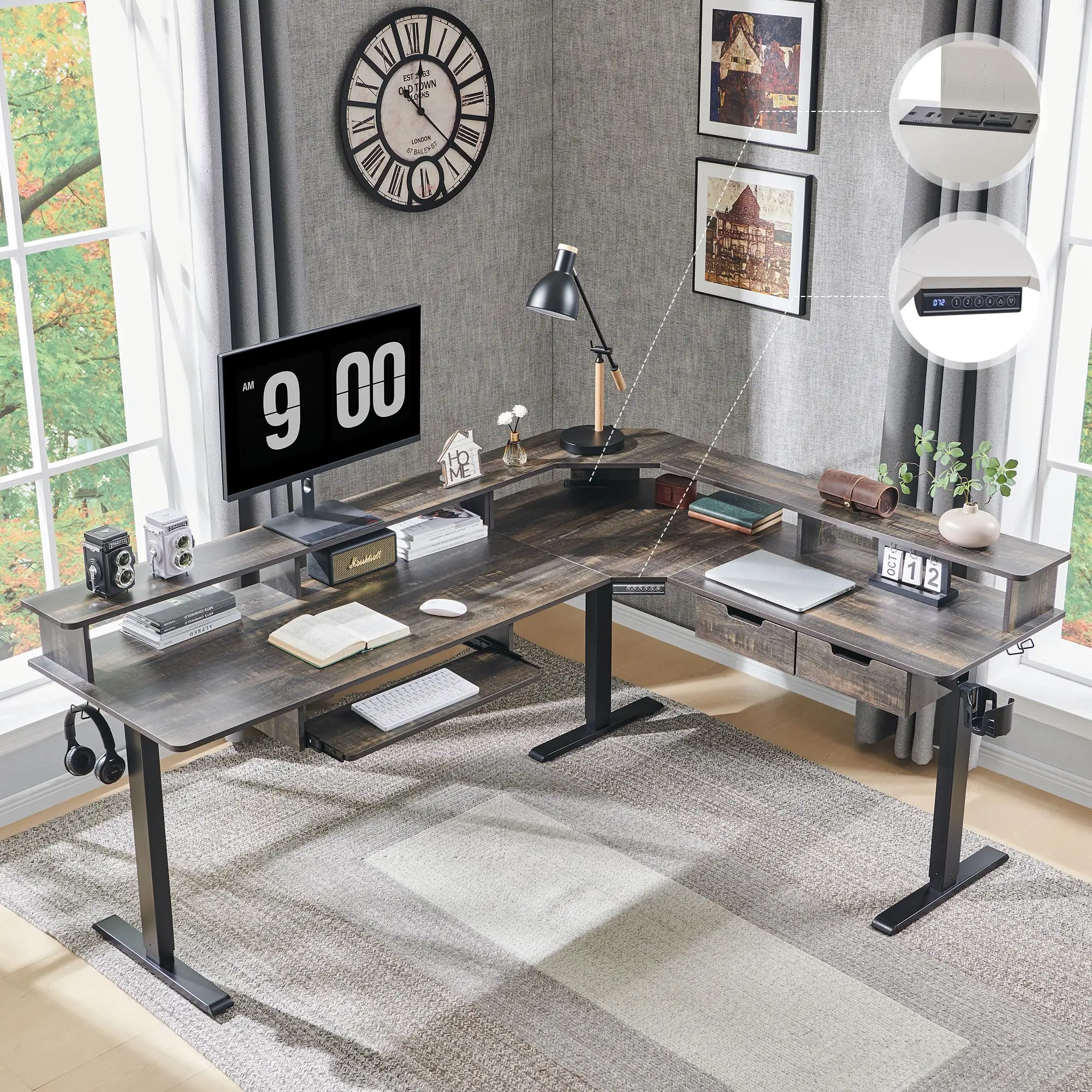 75x60 Inches L Shaped Electric Standing Desk, Dark Rustic Oak