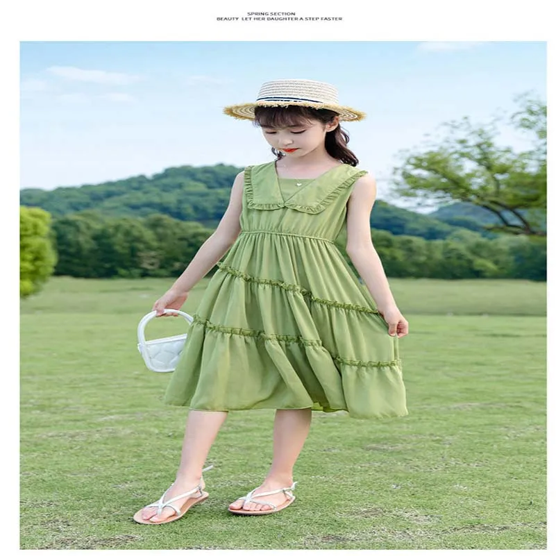 new fashion summer dress 2024 girl clothing Green chiffon sleeveless Breathable dress cheap# 4-10Y age