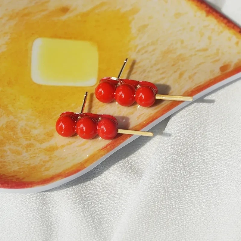 Новогодние маленькие серьги-гвоздики Bingtanghulu в этническом стиле, красные круглые серьги-гвоздики с бусинами, простые уникальные дизайнерские серьги, персонализированные серьги