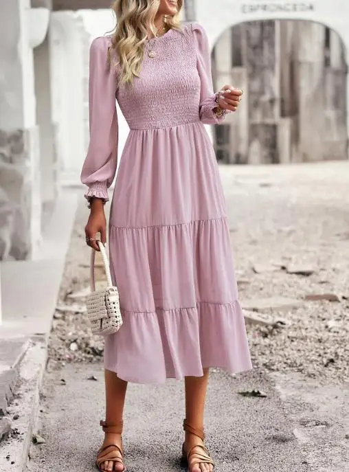 

Leisure Vacation Long Sleeved Waist Tied Long Skirt Autumn New Round Neck Pleated Women's Waist Tied Long Sleeved A-Line Dress