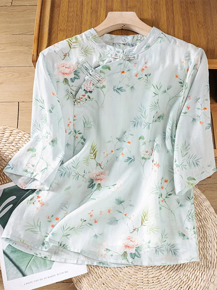 

Retro Button-Up Cotton Linen ort Sve Floral Print Women's irt Summer New Chinese Sle Zen Tea Clothing Top