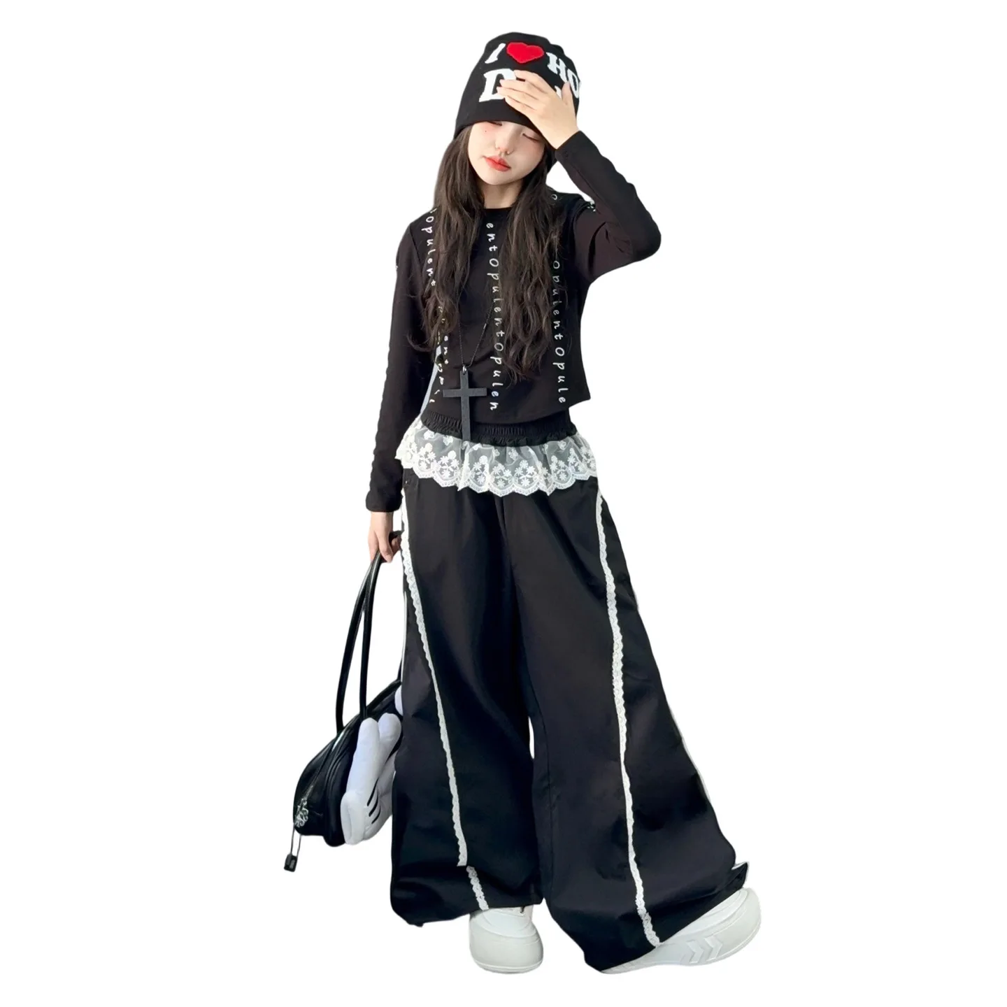 Tenue d'automne 2 pièces pour écolières, T-shirt avec lettres imprimées pour adolescentes, pantalon Cargo en dentelle Patchwork, ensemble pour filles de 4 à 14 ans