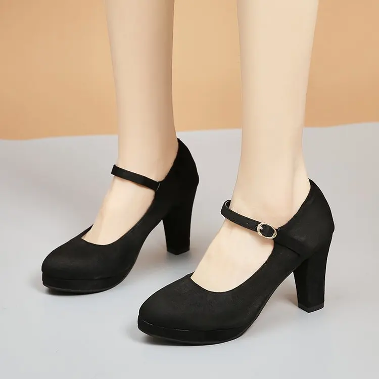 

Pointed Toe Thin Heel One Word Buckle Band Womens Pumps Sexy Solid Flock Platform Work Shoes big Size High Heels