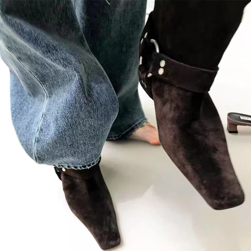 الكاحل الأحذية النسائية موضة منتصف الكعب أحذية جديدة الجلد المدبوغ مصمم أحذية الشتاء امرأة 2025 أشار تو فستان Mujer تشيلسي بوتاس #3