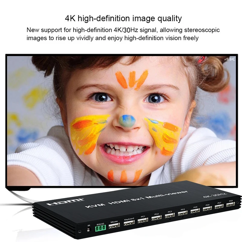 HDMI KVM Multi viewer 4K 8 In 1 Out 1080P KVM HDMI Quad Screen MultiViewer 1X8 HDMI Multi-Viewer Seamless Switcher with IR RS232