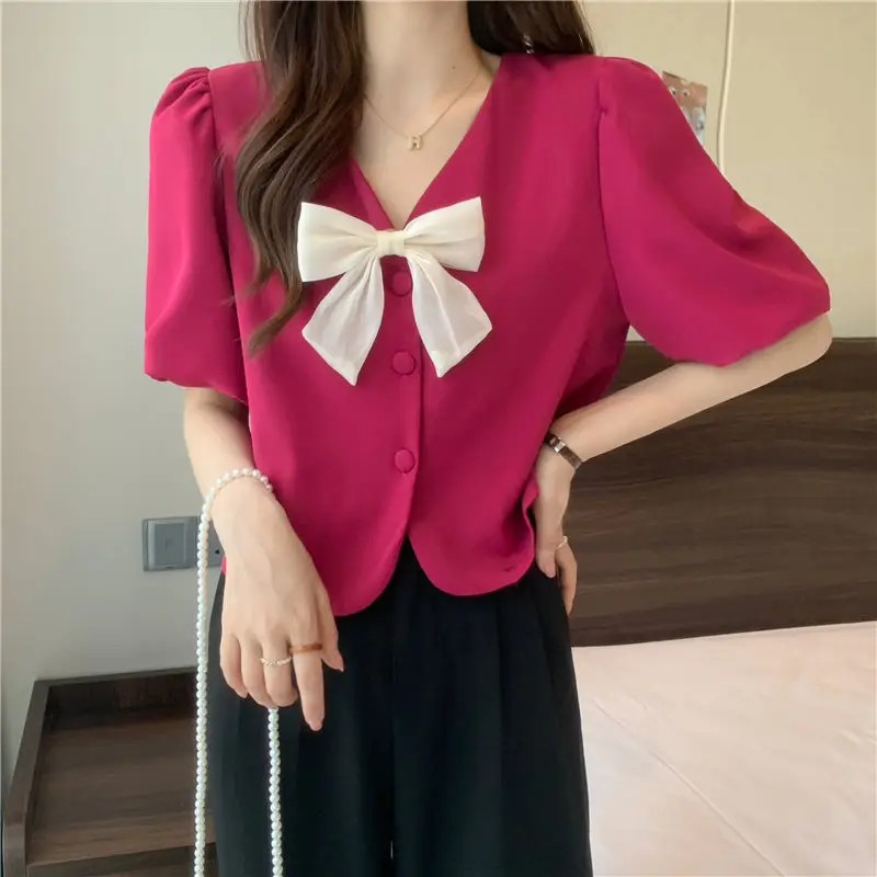 Camicetta da donna Y2K Bow Chic Sweet Kawaii Button Up Shirt Summer Trendy con scollo a V manica corta camicetta Casual Solid allentato top donna