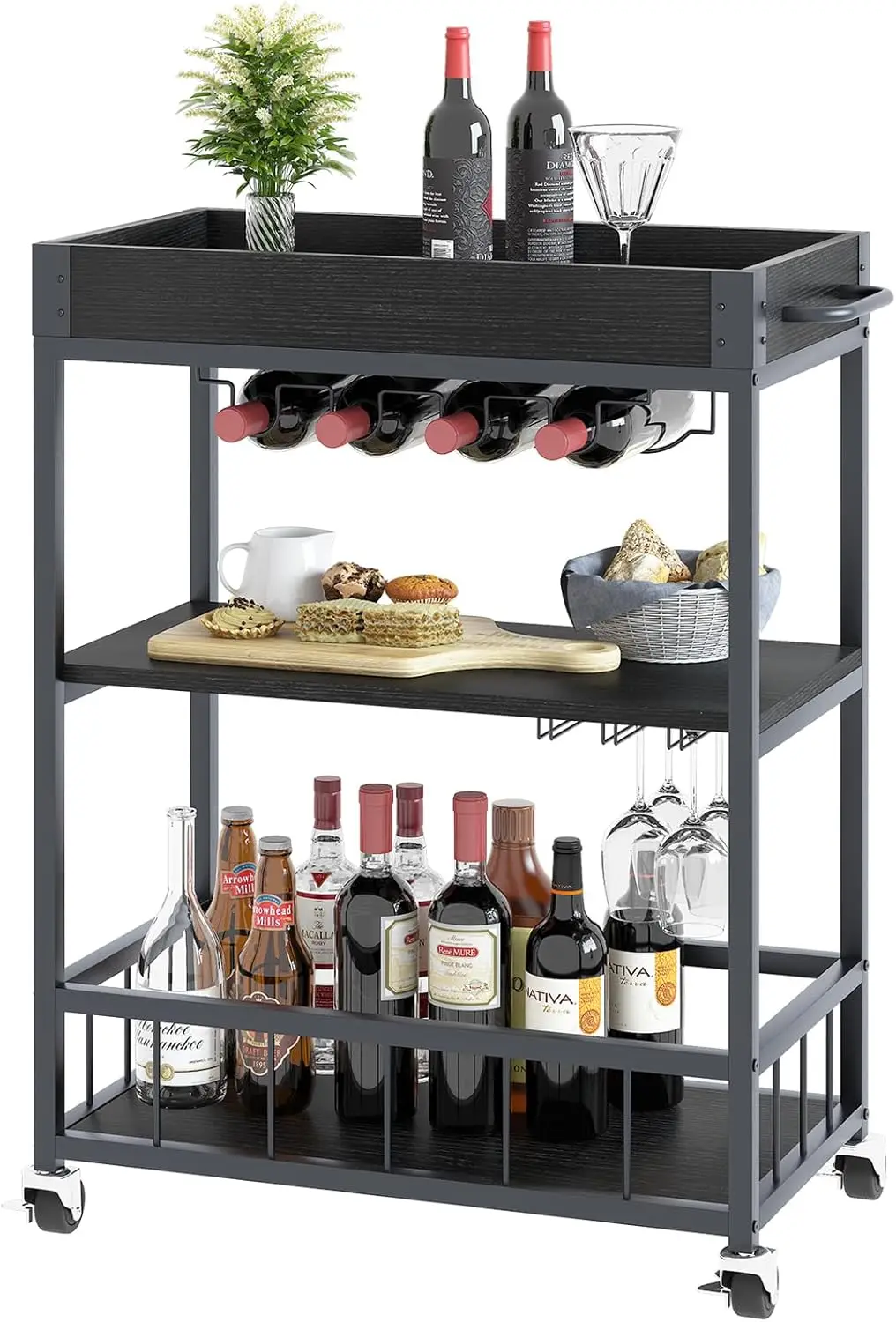 

3-Tier Rolling Bar Cart with Wheels, Vintage Wood Metal Design for Kitchen Living Room Storage