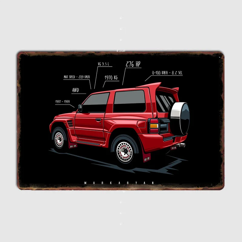 Red Pajero Evolution off-road Rally Cross Country Rally Car Metal Poster indoor outdoor Home Bar Tin Sign Room Wall Deco