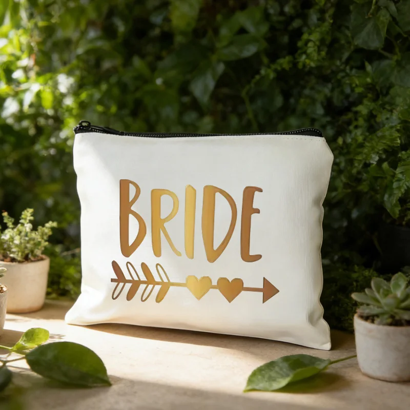 Bride Themed Wedding Makeup Bag with Golden Arrow Heart Print Suitable for Wedding Favors Travel Toiletry Organizer Storage Bags