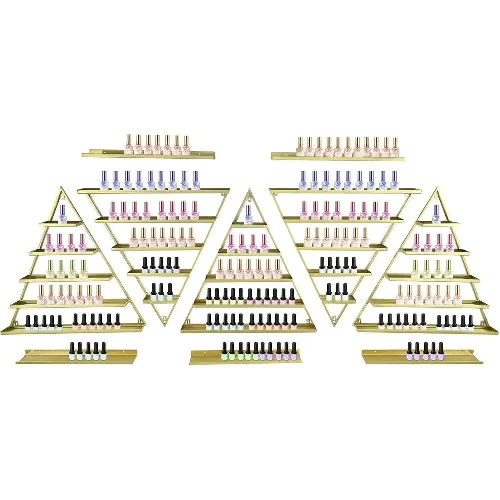 10-Tier Wall-Mounted Triangular Display Rack for Nail Polish and Cosmetics with Hanging Hooks