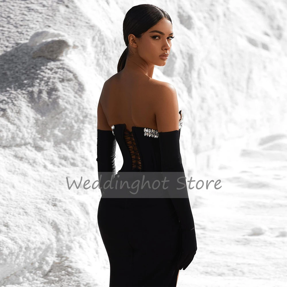 Sexy Evening Dress Black Spandex Crystal V Neck High Split Backless Women's Evening Gowns Long Floor Length Mermaid Prom Dresses