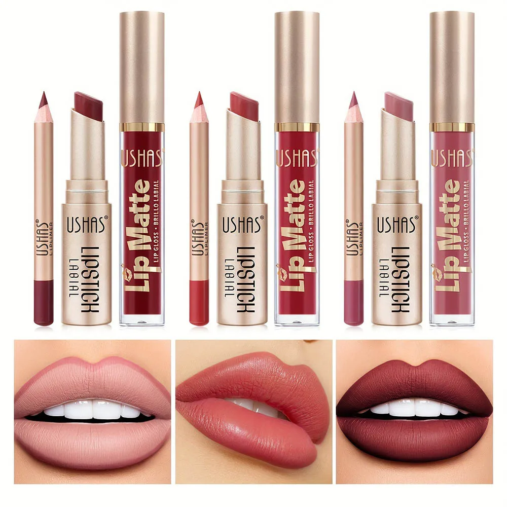 3 In 1 Fluwelen Matte Lippenstift & Lipliner & Lipgloss Set Hoog Gepigmenteerde Waterdichte Langdurige Lipstick Lippen Make-Up