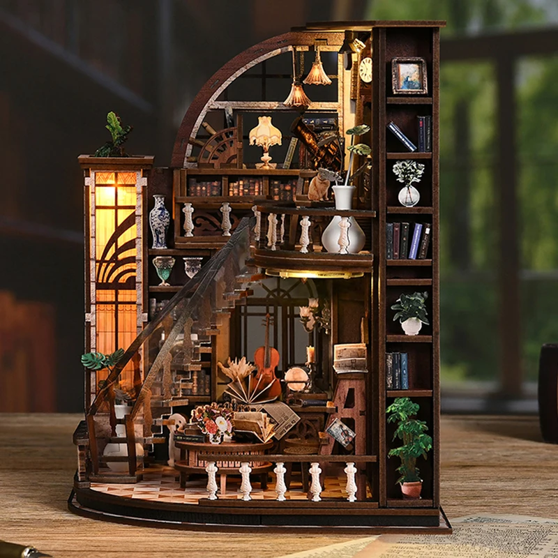 DIY Wooden Bacchus Bookstore Casa Figurines Miniatures Bookend Assembled Houses for Friends Birthday Gifts Home Decoration