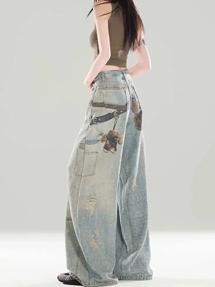 Women's Wide Fit Print Denim Pants Y2K Baggy Jeans Harajuku Grunge Punk Cowboy In 2000s Hip-pop