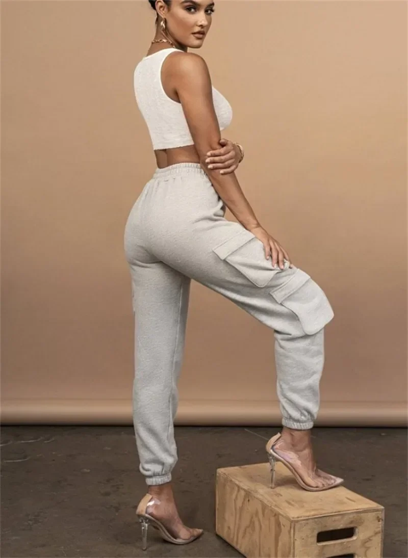 

Spring Autumn Vintage Joggers Sweatpants Korean Harajuku Woman Trousers Elastics High Waist Pockets Drawstring Solid Pants Y2k