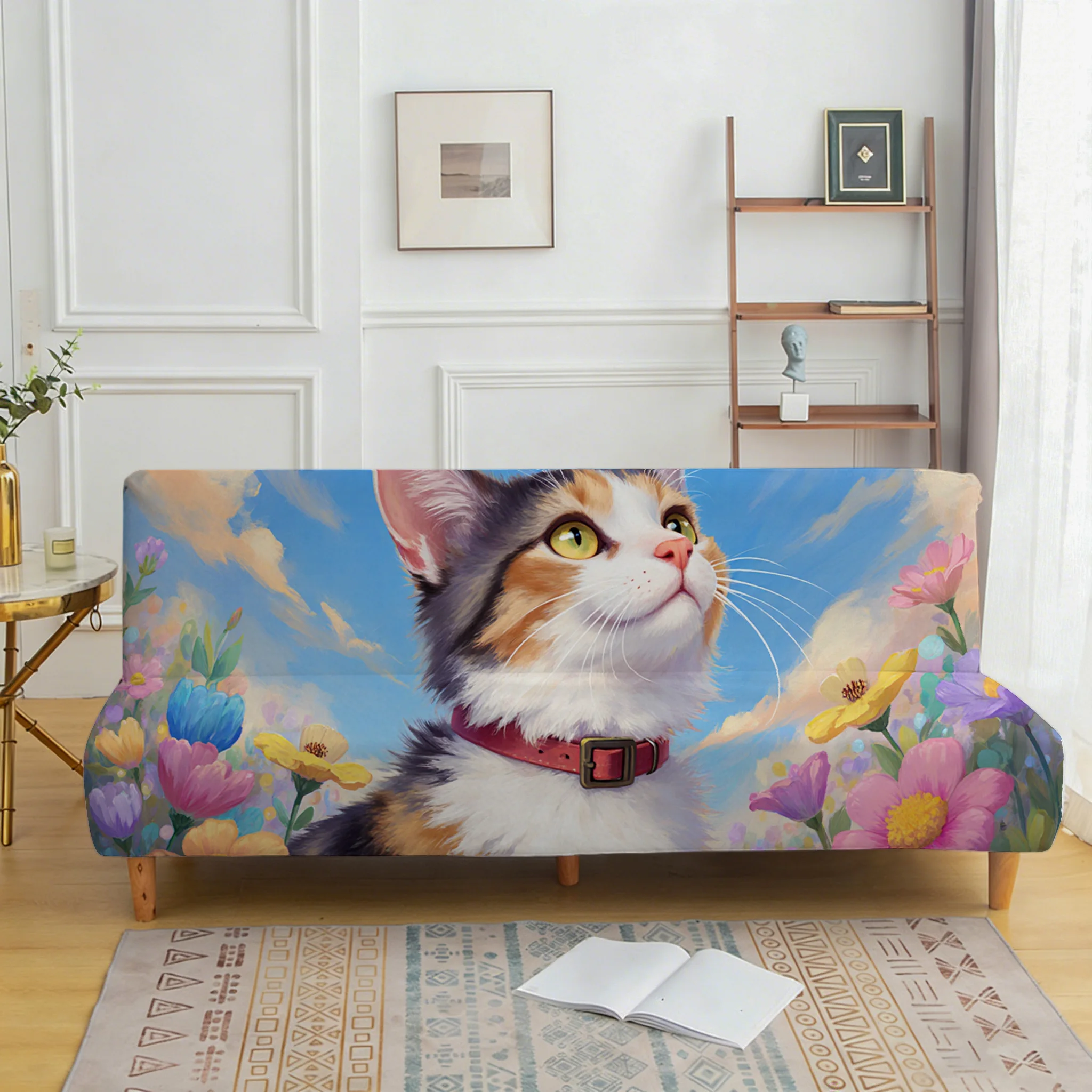 Spring flower sea cat sofa bed cover, non-slip and scratch-proof furniture protective cover, easy to install
