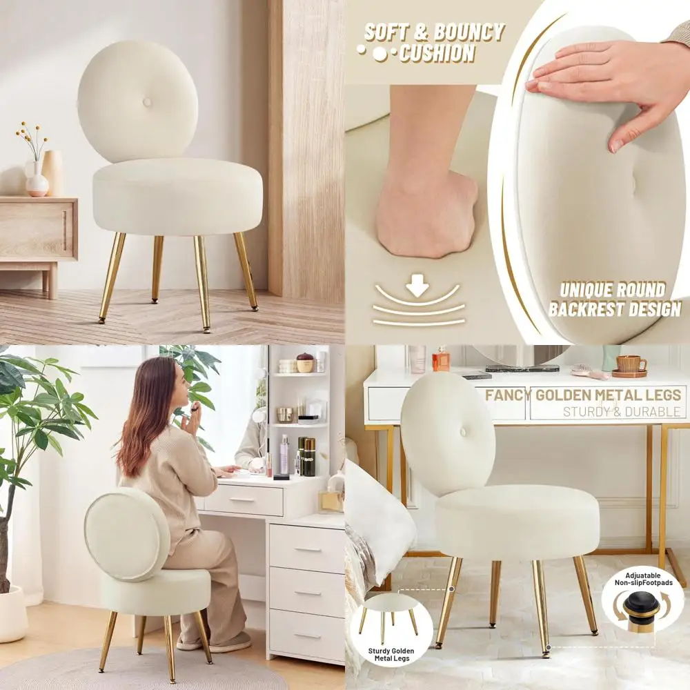 

Velvet Makeup Room Vanity Chair with Back Support, Metal Legged Living Room Stool for Bedroom Use