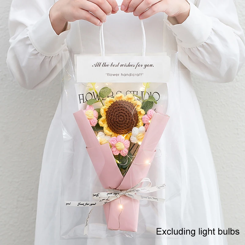 Hand-knitted Wool Bouquet Simulation Rose Sunflower Raw Puffs Flower Day Party Girlfriend Graduation Season Mother's Day Gift