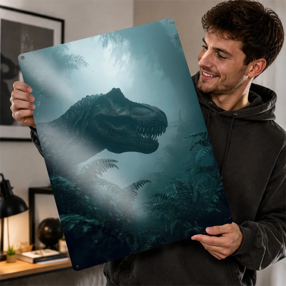Tyrannosaurus Rex In A Misty Jungle Aluminum Poster Personalized Metal Sign Vivid Dark Folklore Wall Art Made For Fantasy Fans