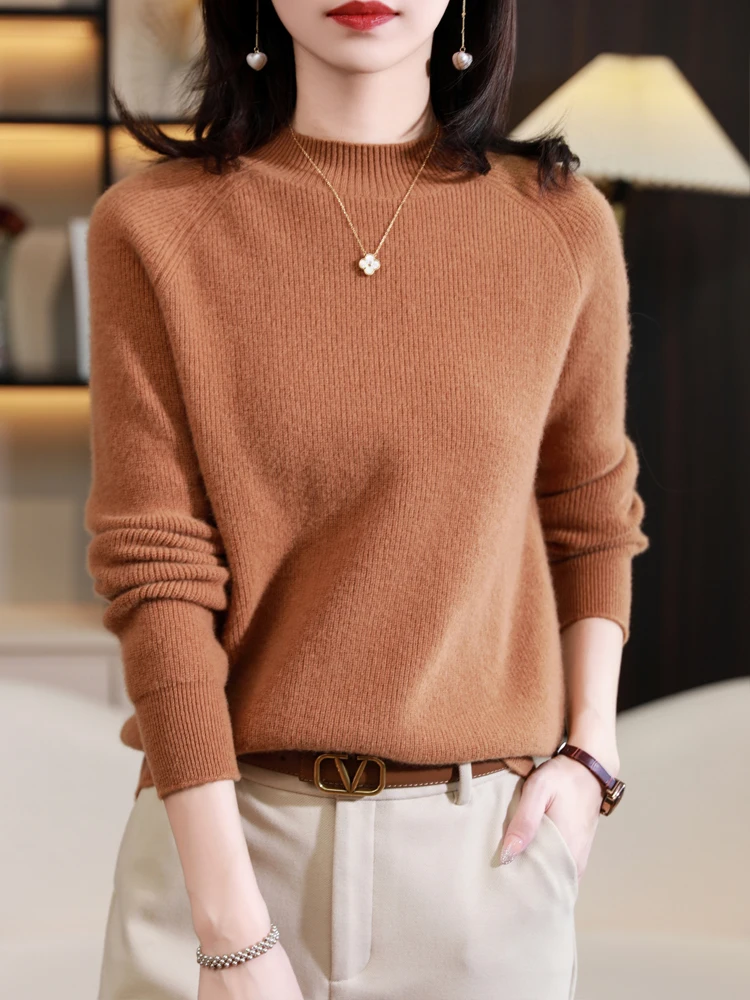 Autumn Winter Women’s 100% Merino Wool Mock-neck Pullovers Sweater Classical Casual Long Sleeve Knitwear Female Clothing Tops