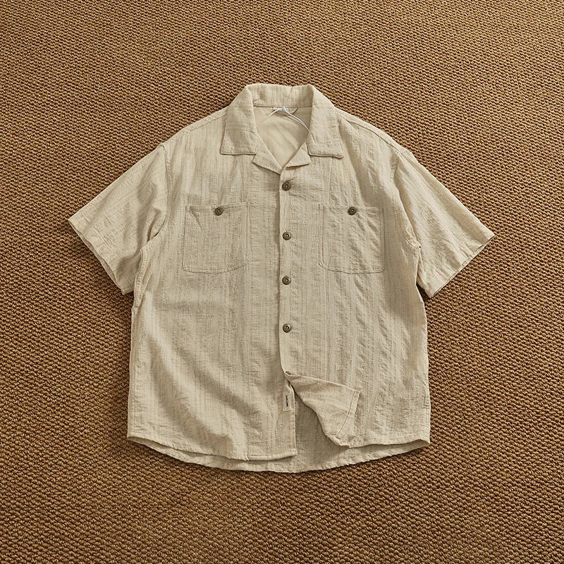 Retro high street lapel short-sleeved shirt men's cotton and linen blend dark pattern jacquard loose trendy summer shirt