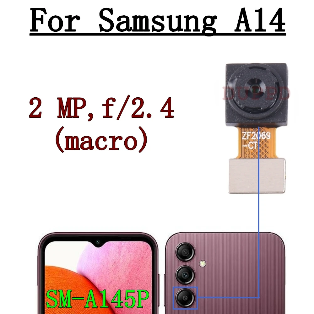 Front Rear Camera For Samsung Galaxy A14 4G SM-A145P Wide Macro Main Back Camera Module Backside View Replacement Spare Parts