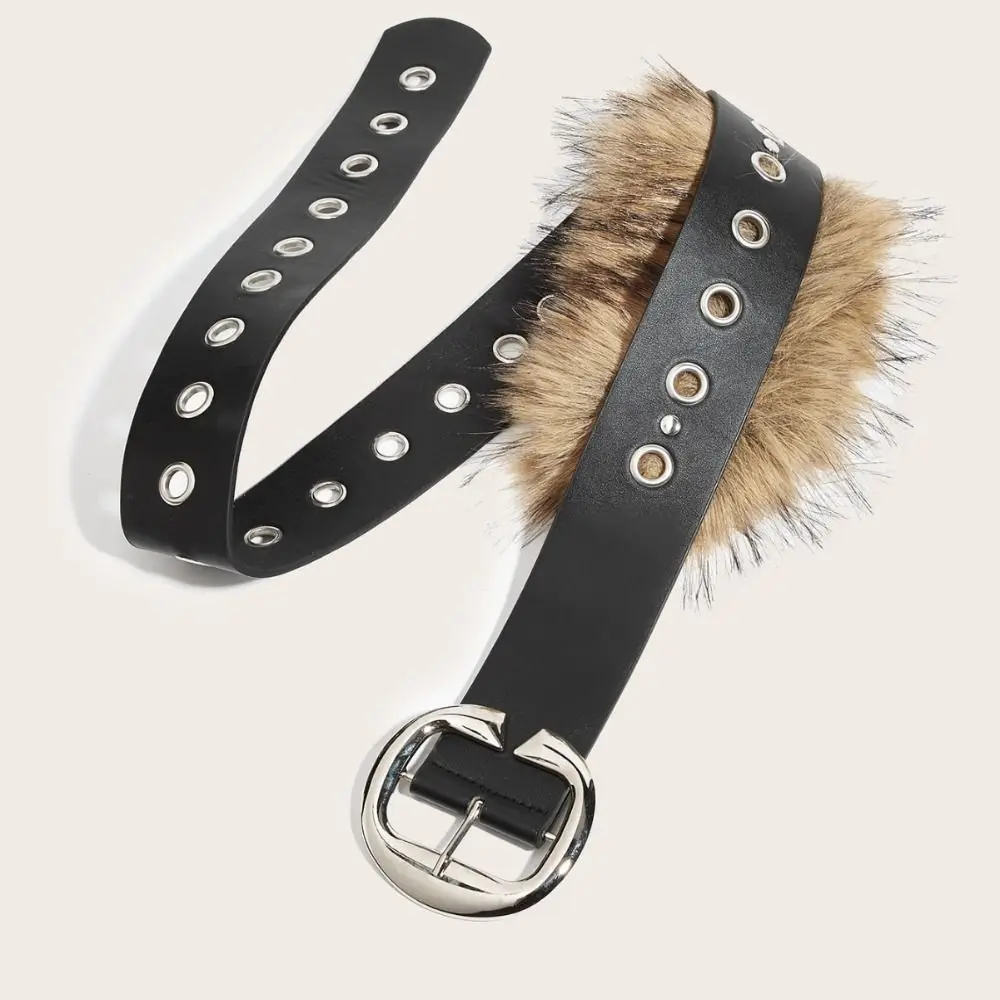موضة واسعة الجلود الفراء حزام مشبك معدني الرجعية Y2K حزام النمط الغربي الجينز ديكور فاسق نمط حزام فستان الديكور