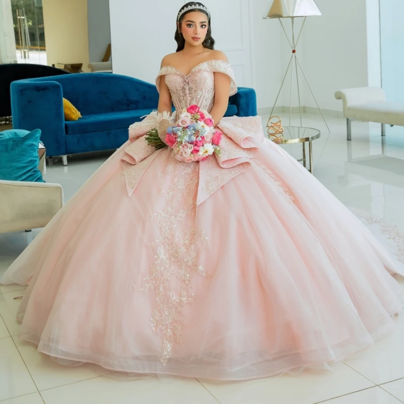 

Pink Shiny Quinceanera Dresses Off The Shoulder Applique Lace Beading Tull Party Birthday Sweet 16 Dress Vestidos 15 Anos