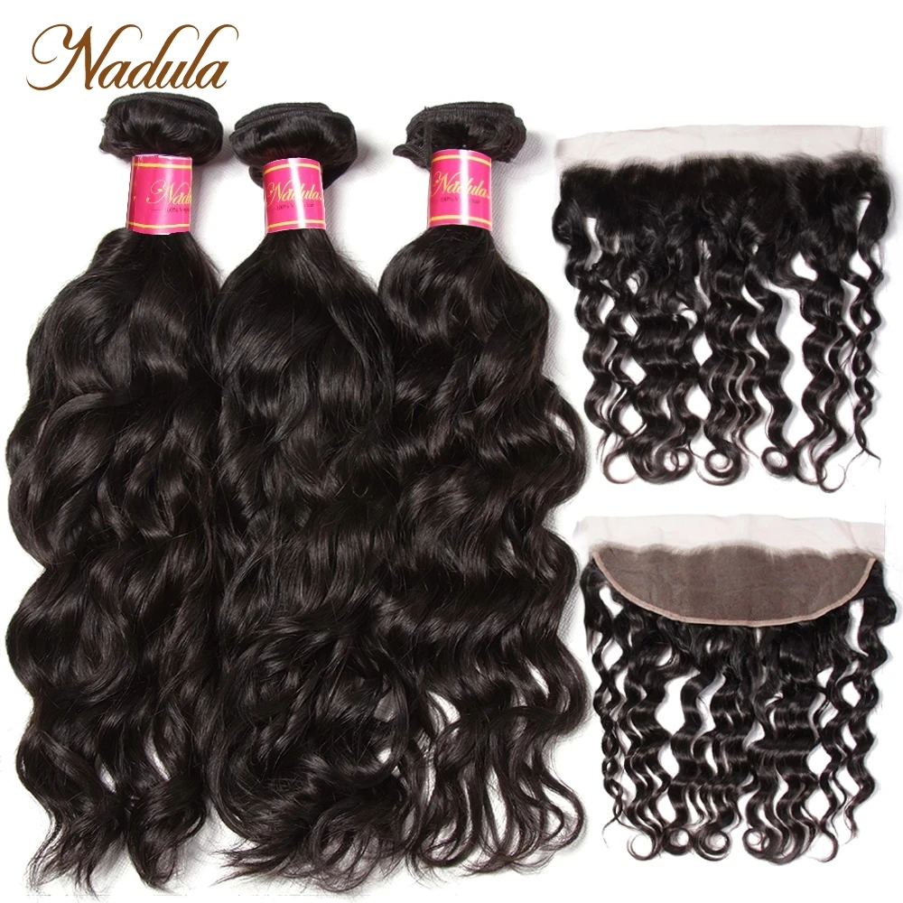 Nadula Hair Natural Wave Bundles With Frontal Brazilian Hair Weaves 3 Bundles With Closure 10-26inch Remy Human Hair Extensions