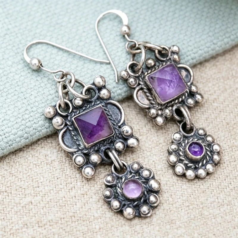 Vintage Exquisite Inlaid Synthetic Amethyst Silvery Hook Earrings for Women Elegant Luxury Banquet Celebration Jewelry Accessory