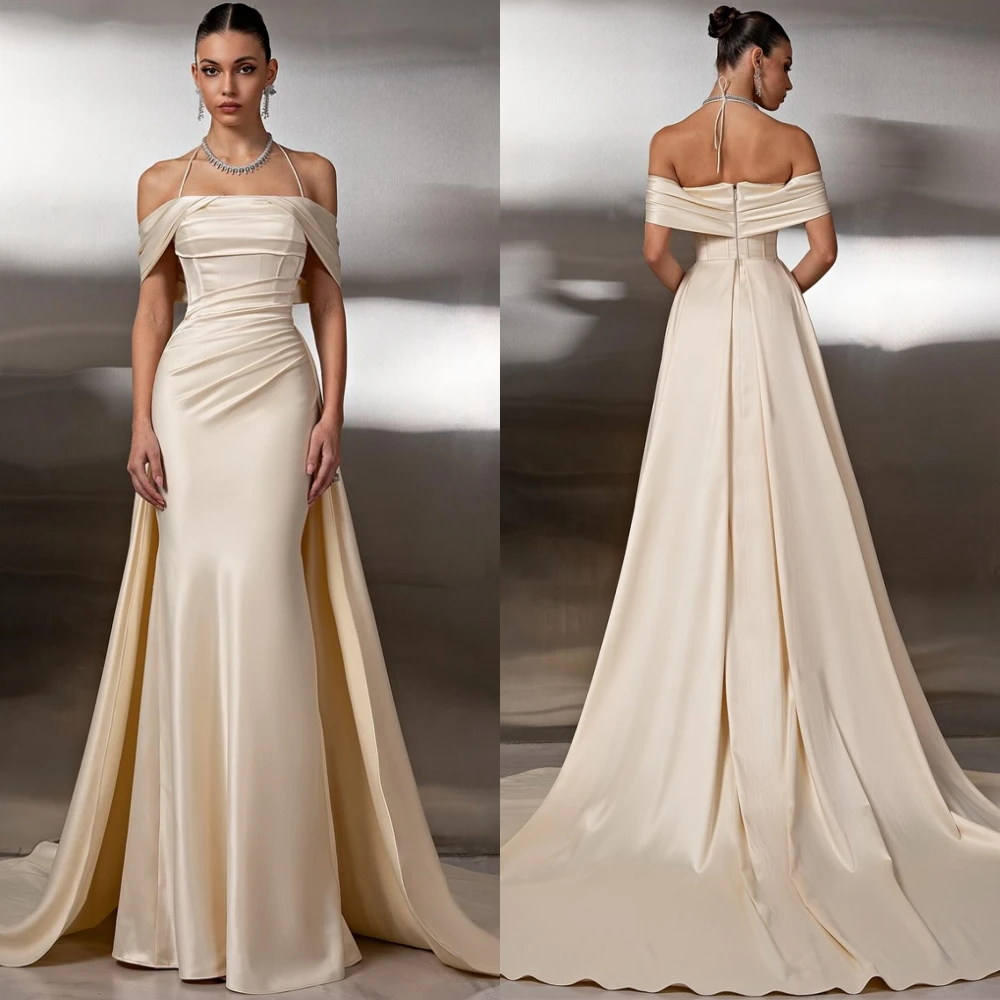 

Роскошное атласное вечернее платье по индивидуальному заказу. Изысканные платья для выпускного вечера с вырезом лодочкой. Современные платья без рукавов со шлейфом часовни для особых случаев.