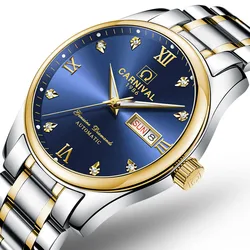 CARNIVAL Luxury Brand Business Automatic Mechanical Mens Watch Luminous Date Waterproof Watches Steel Montre Homme