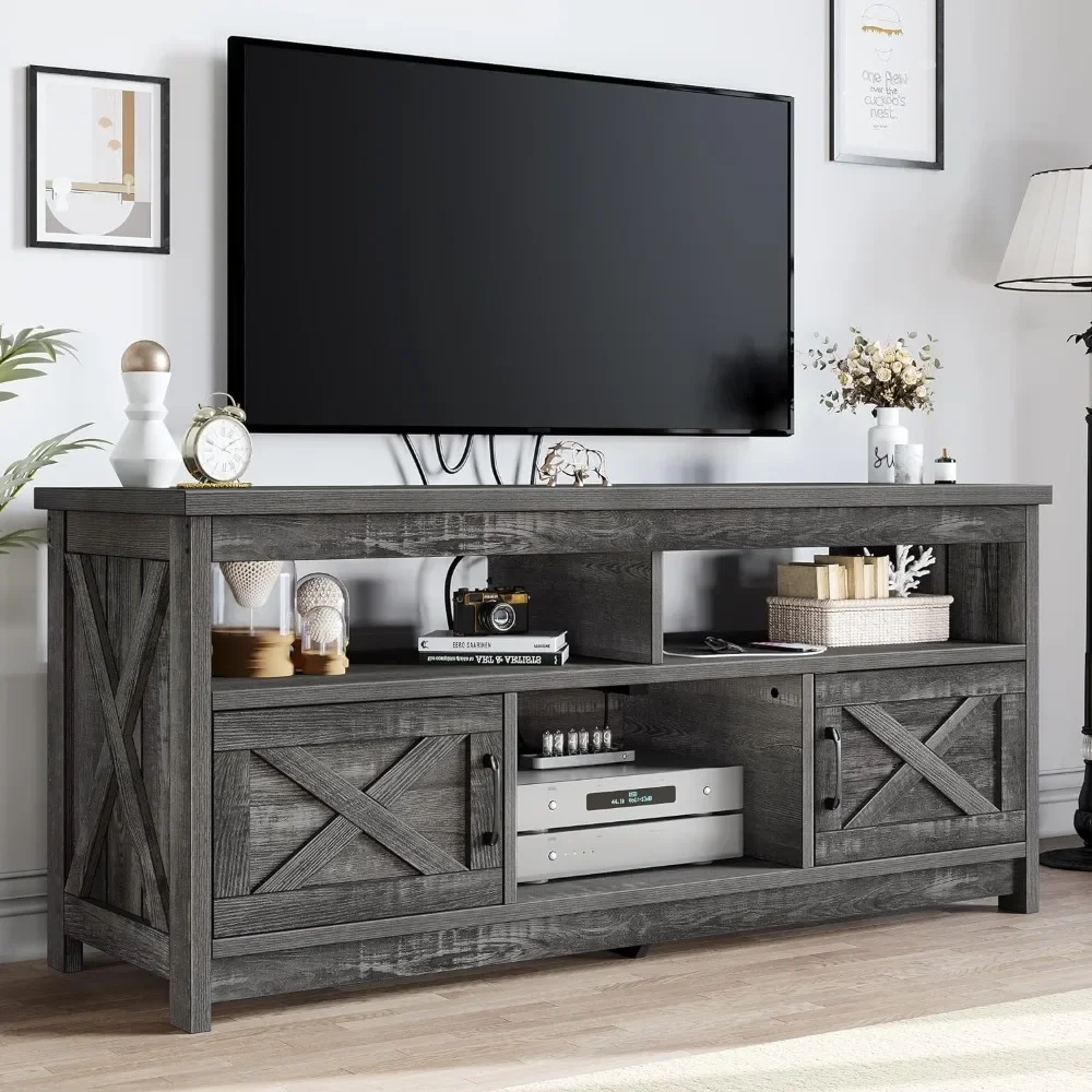 

TV Stand for 65 inch with Power Outlet, Entertainment Center Table with Storage Cabinets and Open Shelves