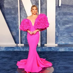 Sexy Deep V Neck Long Prom Dress Women Puffy Sleeve Ruffled Mermaid Floor Length Elegant Dress Rose Red Satin Evening Prom Gowns