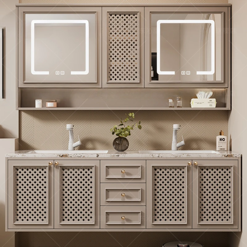 

Cream-style double-basin bathroom cabinet combination toilet washstand, rock slab hot bending integrated basin, luxury