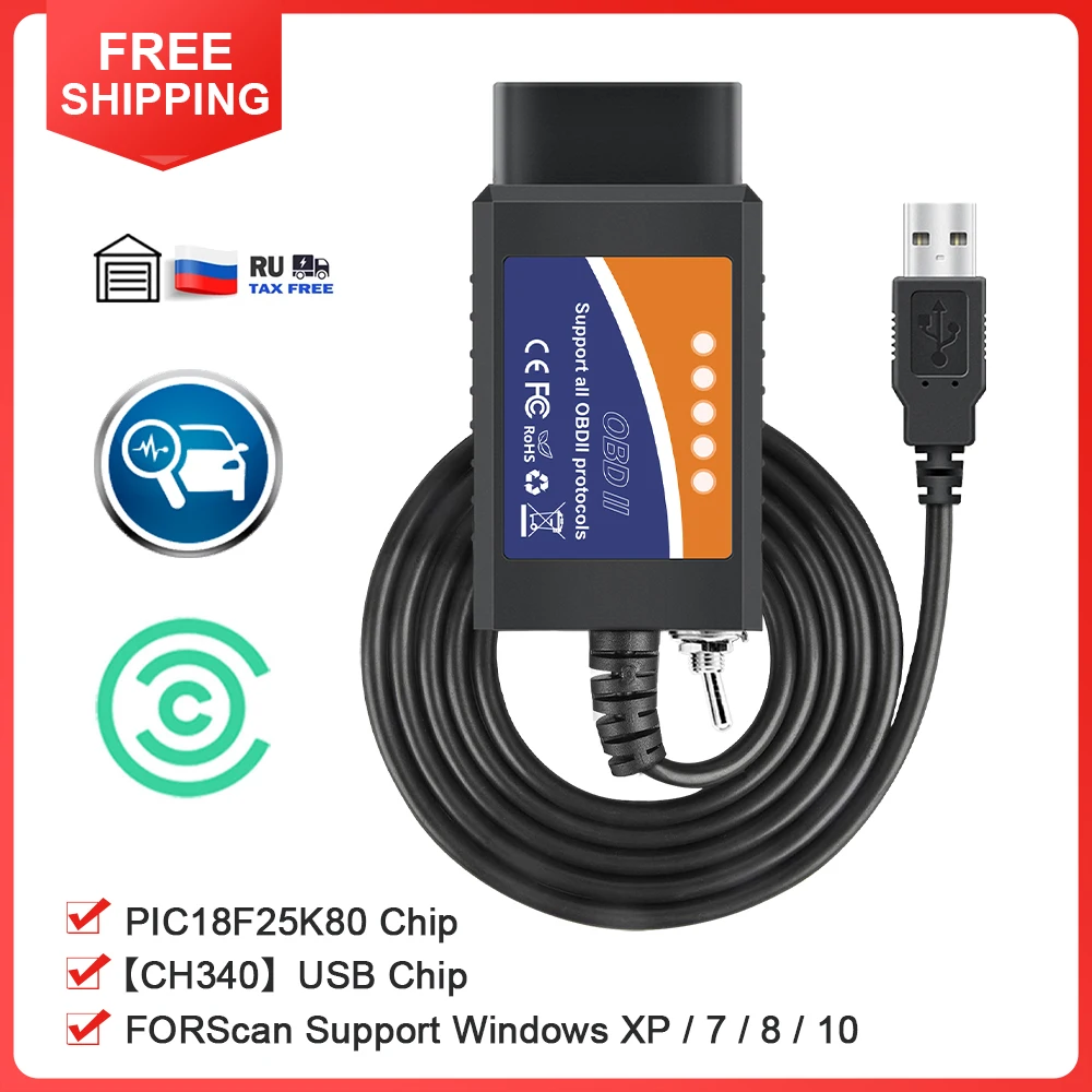 ELM327 V1.5 Car Diagnostic Scanner USB OBD2 Code Reader with Switch Suitable for Ford PIC18F25K80 and CH340 Chip HS CAN MS CAN