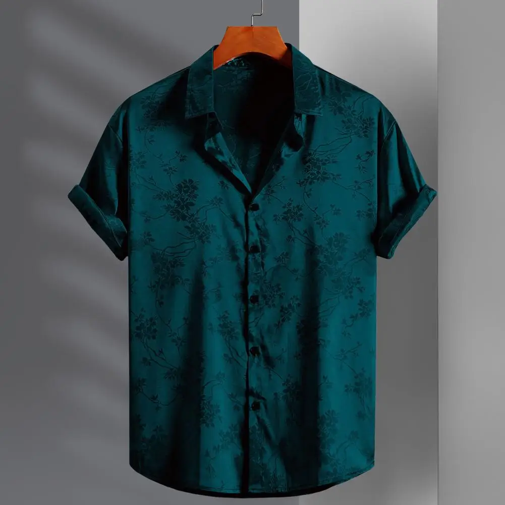 

Lightweight Polyester Shirt Stylish Men's Embroidered Satin Button Shirt for Summer Vacation Beach Wear Lapel Collar Short