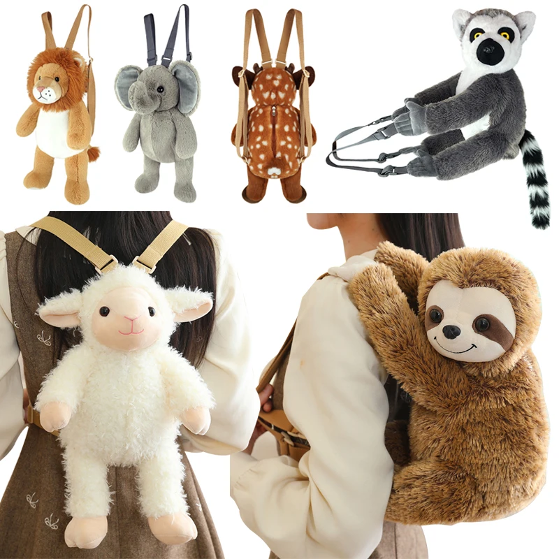 1Pc 40CM Lovely Plush Sloth Alpaca Lemur Elephant Plush Backpack Toy Cute Animal Shoulders Bag Lions Rabbit Giraffe Nice Gift