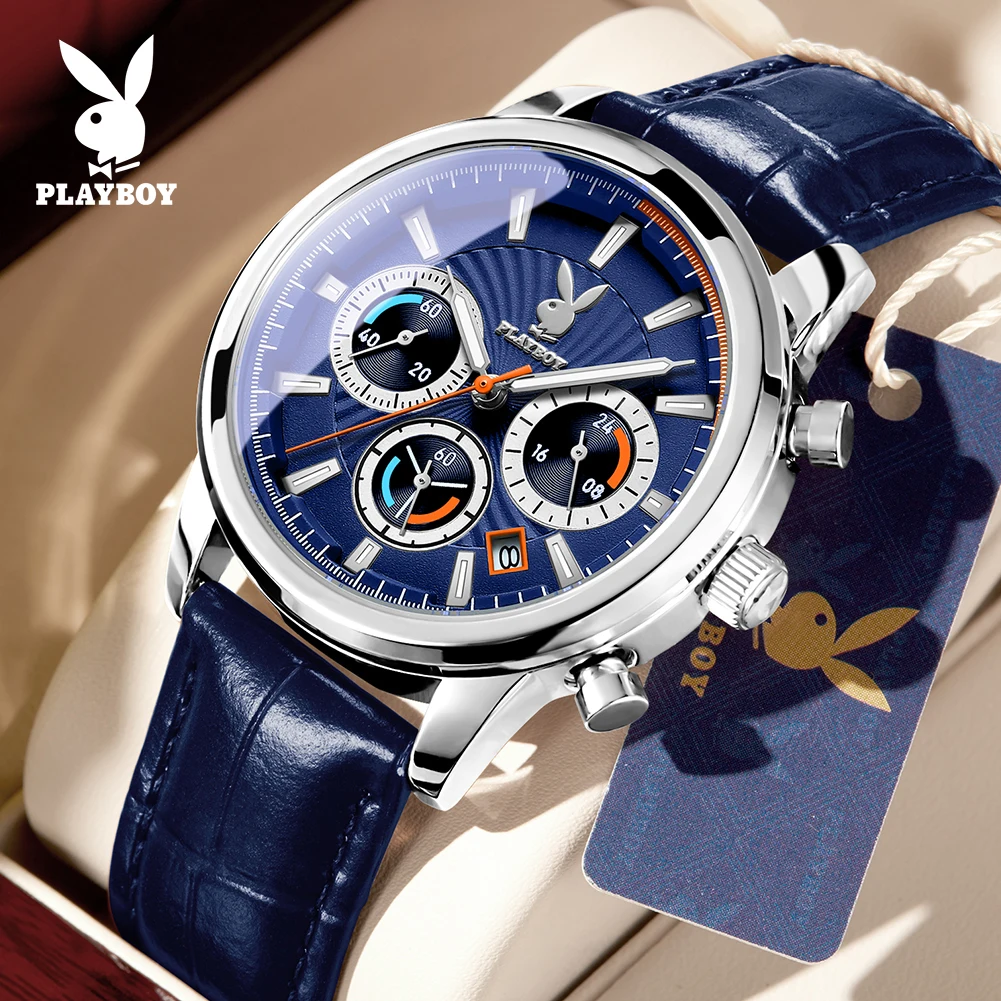PLAYBOY 3305 Classic Original Quartz Movement Watch Fashion Style HD Luminous 30M Waterproof Three Small Dials Display Watch