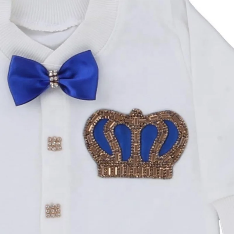 Footed Romper Newborn 0-9 Months 4 Piece Set White Blue Gold Crown Bow Prince Royal Boutique Baby Shower Gift Hat Mittens Shoes view 2