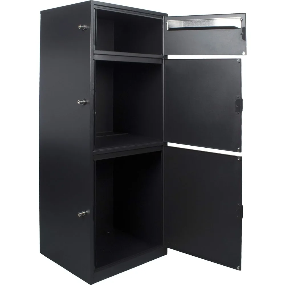 Large Steel Freestanding Floor Parcel Package Drop with Locking Letterbox Drop Mail Box with Multi Compartments, Black