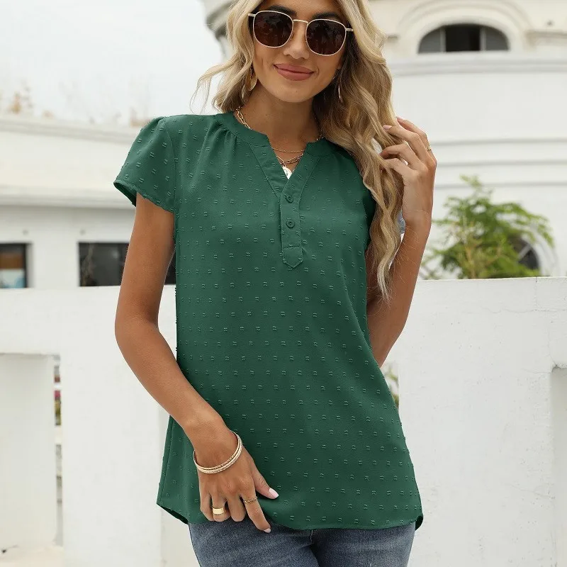 

Casual Solid Color Women's Blouse V-neck Headband Button Short Sleeved Jacquard Wool Ball Loose Versatile Top Summer New 2025