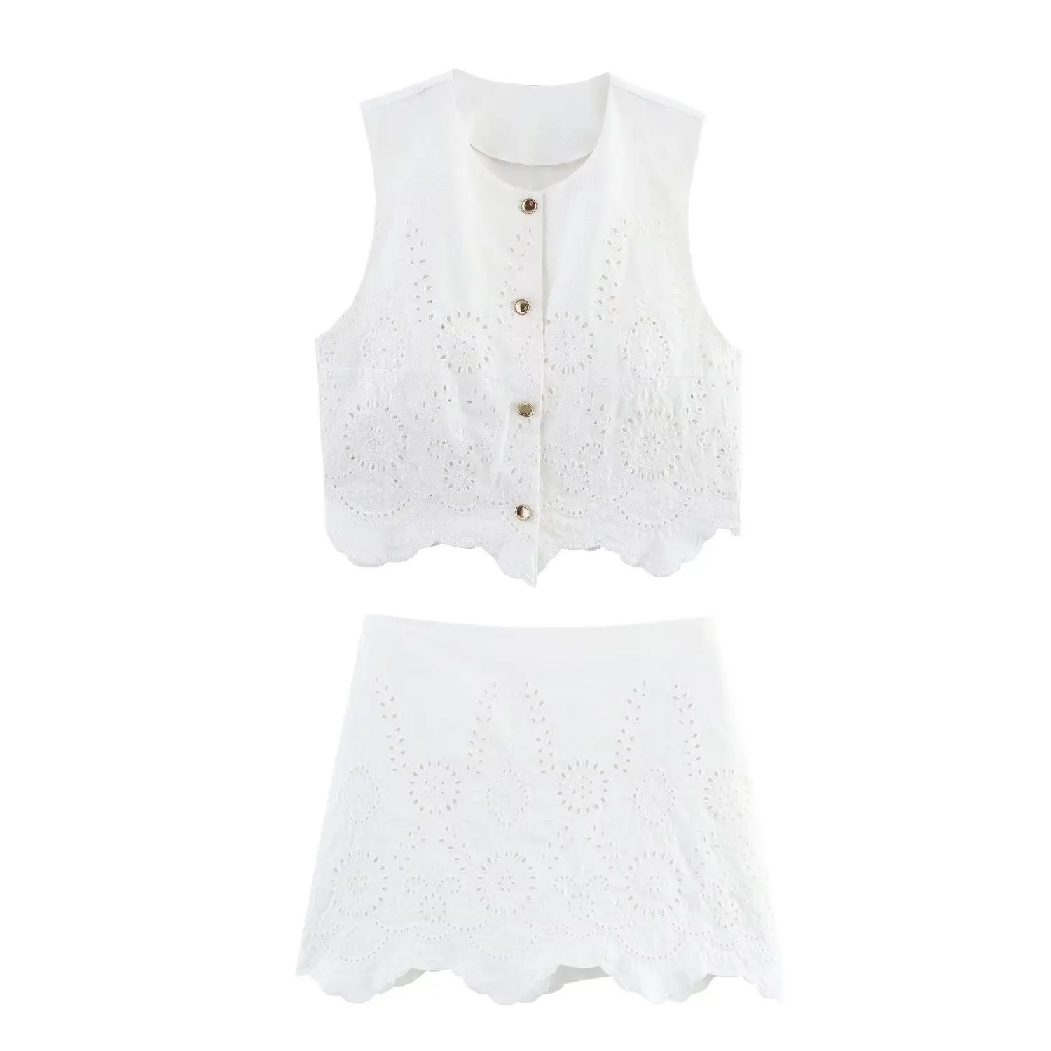 

Two Piece Skirt Sets Women Outifits Casual O--neck Sleeveless Embroidery Hollow Out Top Shorts Set Fashion Women Beach Suit
