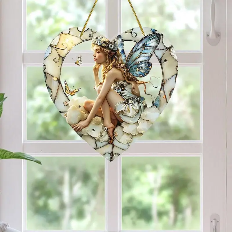 Fairy Angel Colorful Art Flower Sun Catcher Stained Window Hanging Heart Shape Acrylic Pendant for Home Garden Wall Ornament