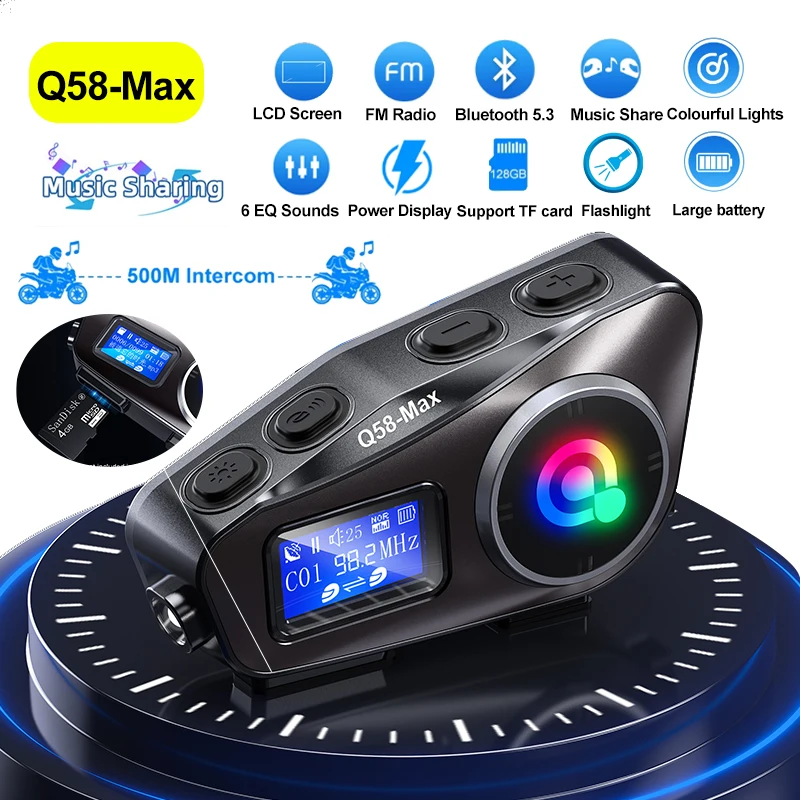 

Q58-MAX Motorcycle Helmet Bluetooth Headset Intercom LED Lighting Dual 500M IP65 Rateddeep Waterproof Stereo FM Radio Interphone