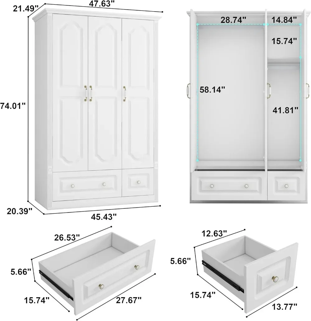 White Wardrobe Closet with 3 Doors: Bedroom Armoire Wardrobe Closet with 3 Drawers, Wardrobe Cabinet for Hanging Clothes,