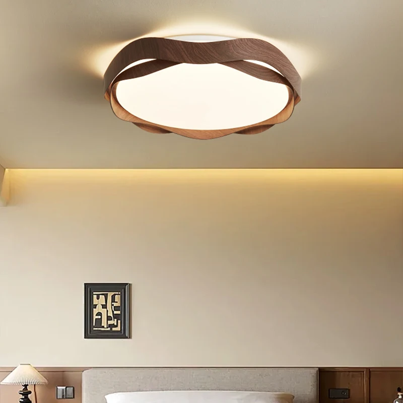 Medieval Style Creative Wave Walnut Wood Grain Round Lamp Modern Bedroom Lamp Ceiling Lamp Retro Simple Led Eye Protection Lamp