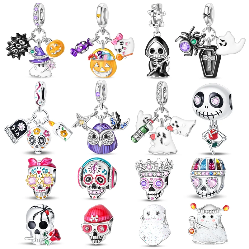 925 Silver Halloween Pumpkin Skull Ghost Charm Beads Fit Pandach Original DIY Bracelets Pendant Party Birthday Gift Fine Jewelry